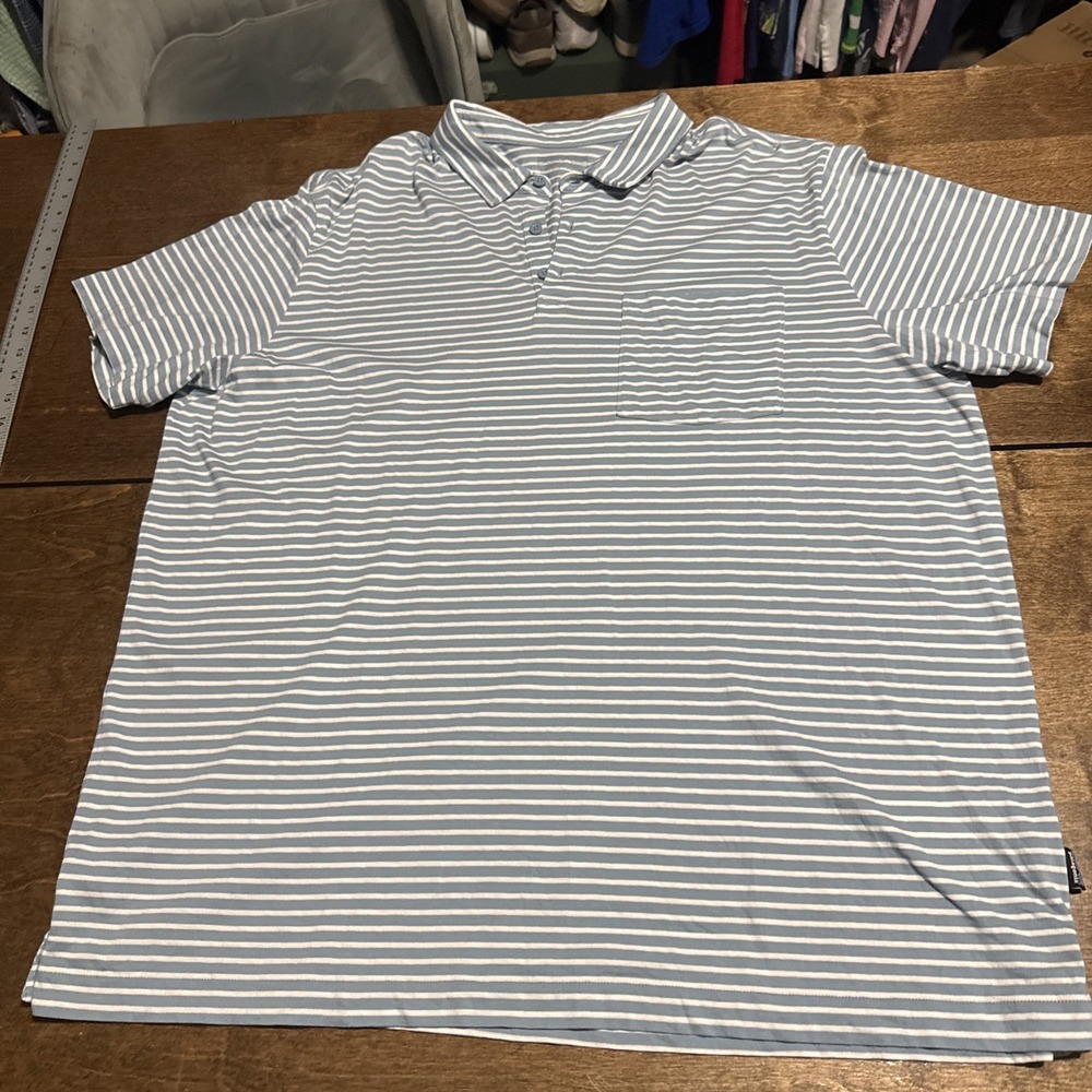 Patagonia Polo‎ Shirt Mens 2XL Blue Striped Short Sleeve Chest Pocket